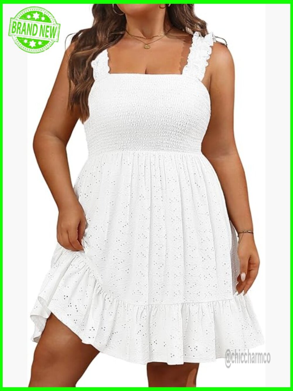 Plus Size Eyelet Square Neck Sleeveless Smocked Ruffle A-Line Summer Dress